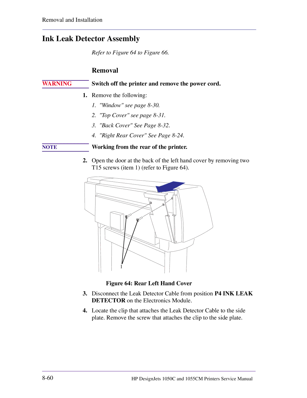 HP 1055CM manual Ink Leak Detector Assembly, Rear Left Hand Cover 