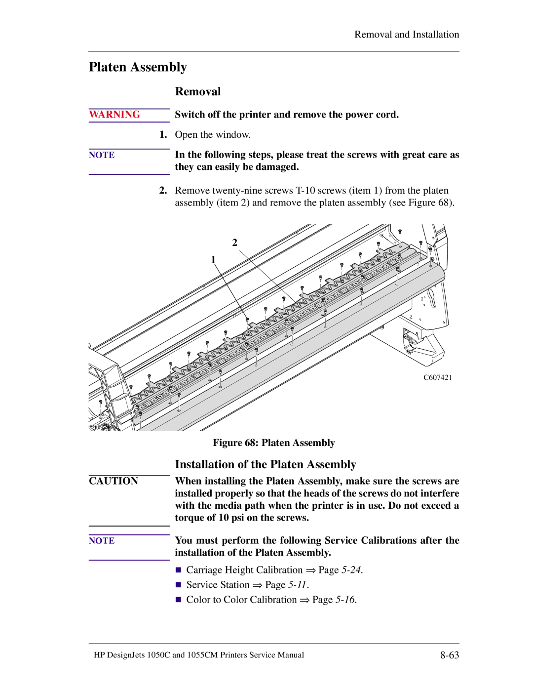 HP 1055CM manual Installation of the Platen Assembly 