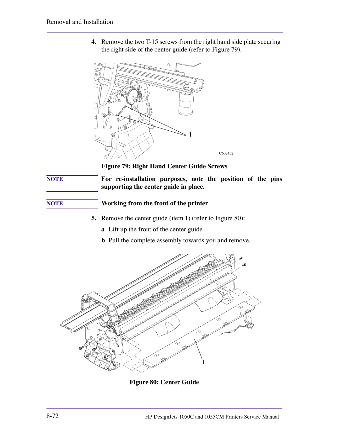 HP 1055CM manual For re-installation purposes, note the position of the pins, Supporting the center guide in place 