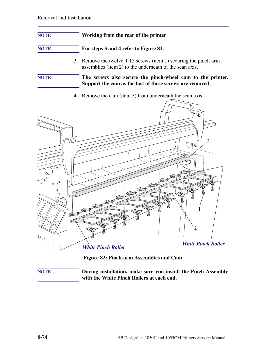 HP 1055CM manual For steps 3 and 4 refer to Figure, Remove the twelve T-15 screws item 1 securing the pinch-arm 