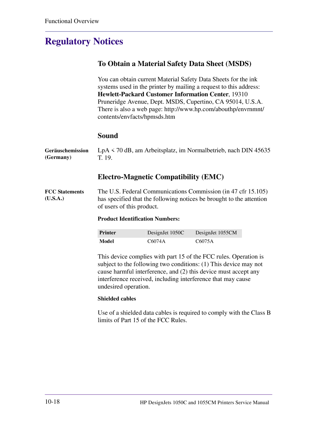 HP 1055CM manual Regulatory Notices, To Obtain a Material Safety Data Sheet Msds Sound, Electro-Magnetic Compatibility EMC 