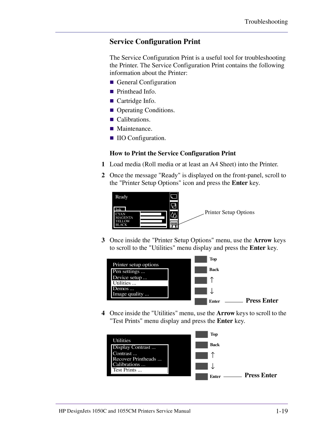 HP 1055CM manual How to Print the Service Configuration Print, Press Enter 