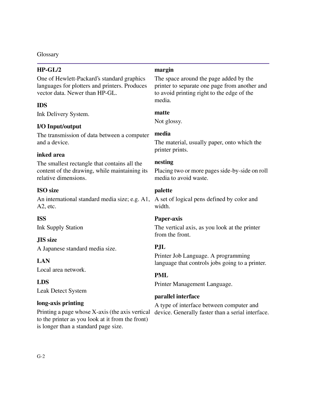 HP 1055CM manual Margin, Input/output, Inked area Matte, Media, ISO size, Nesting, Palette, JIS size, Long-axis printing 