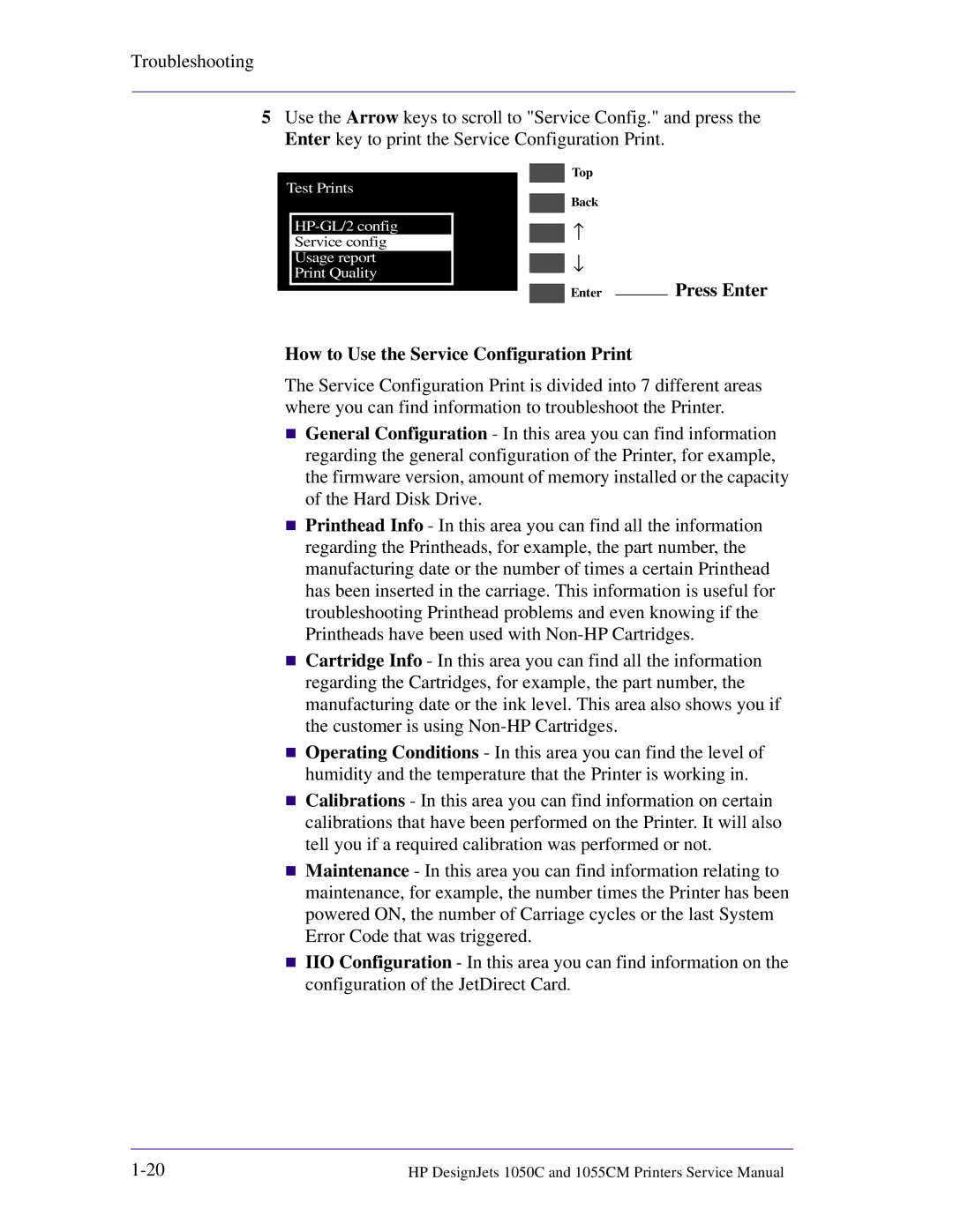 HP 1055CM manual How to Use the Service Configuration Print 