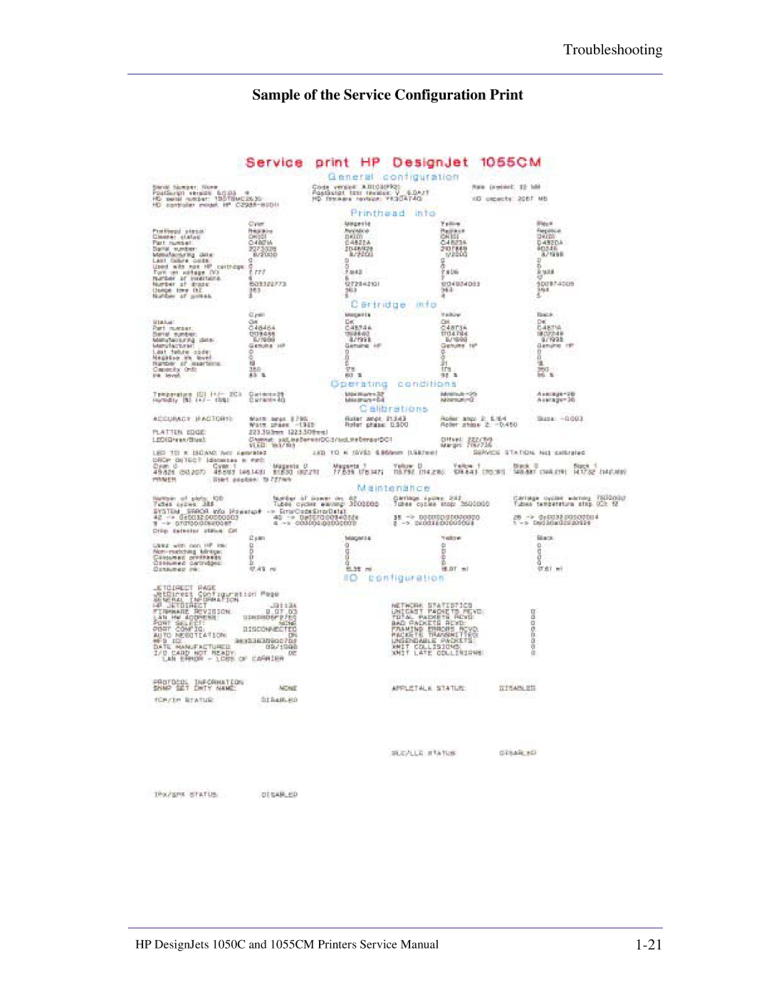 HP 1055CM manual Sample of the Service Configuration Print 