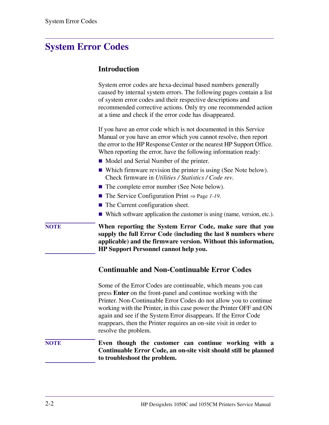 HP 1055CM manual System Error Codes, Continuable and Non-Continuable Error Codes 