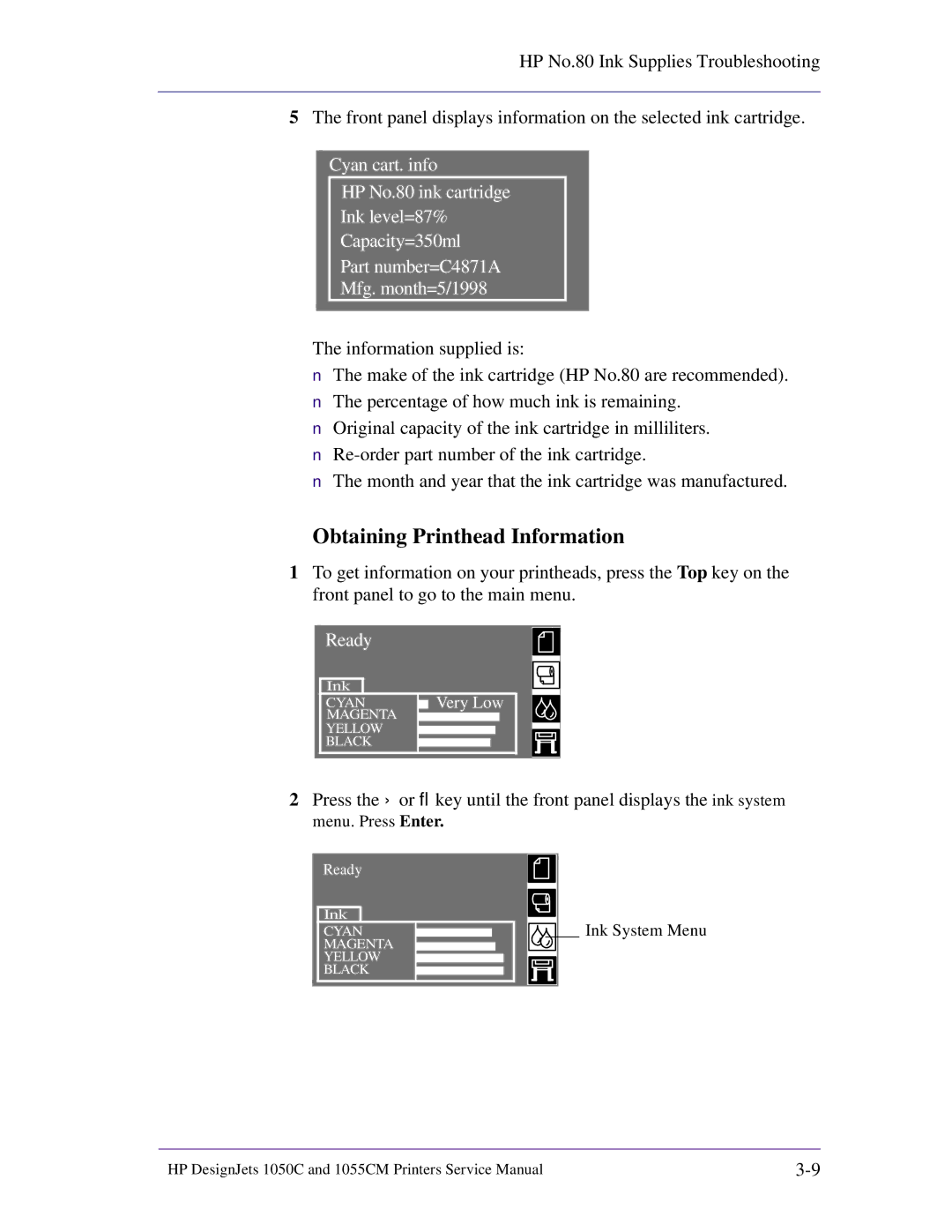 HP 1055CM manual Obtaining Printhead Information 