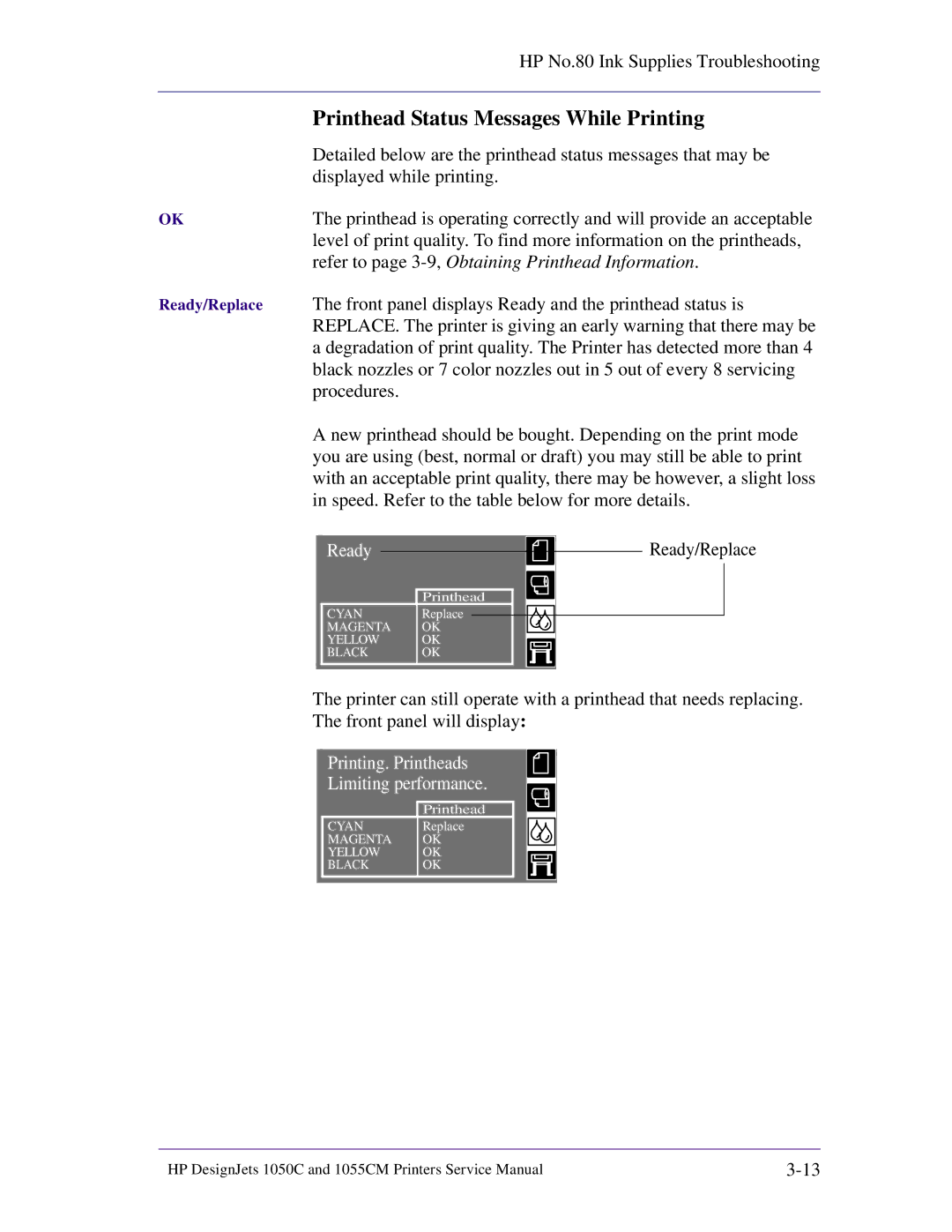 HP 1055CM manual Printhead Status Messages While Printing, Refer to page 3-9,Obtaining Printhead Information 