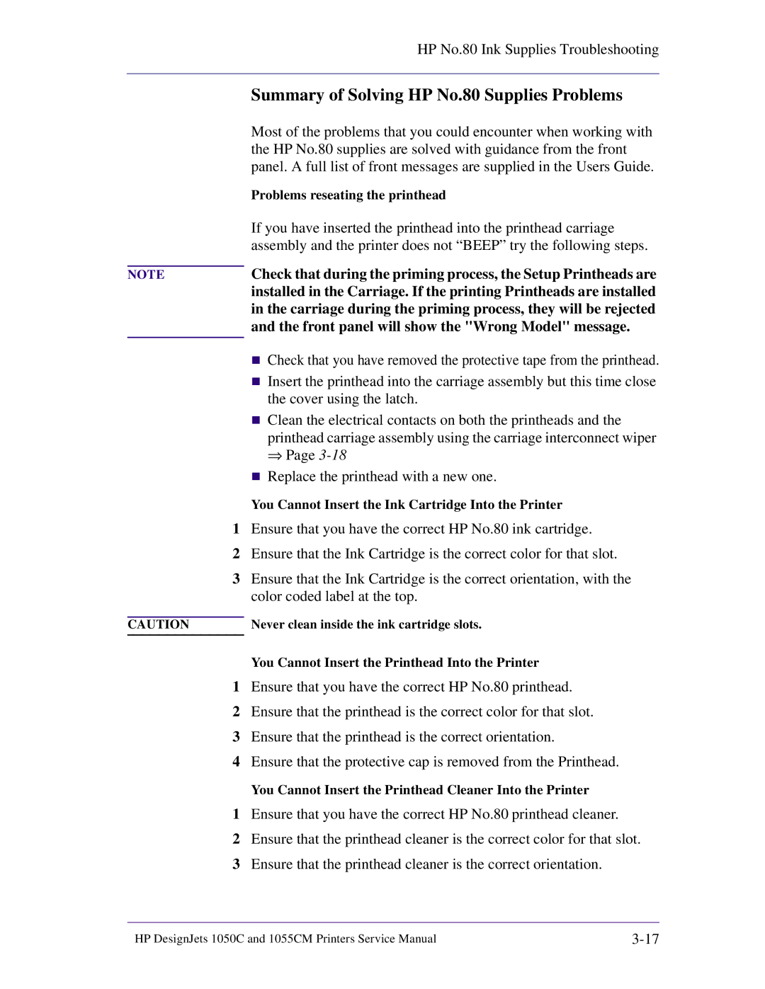 HP 1055CM manual Summary of Solving HP No.80 Supplies Problems, Carriage during the priming process, they will be rejected 