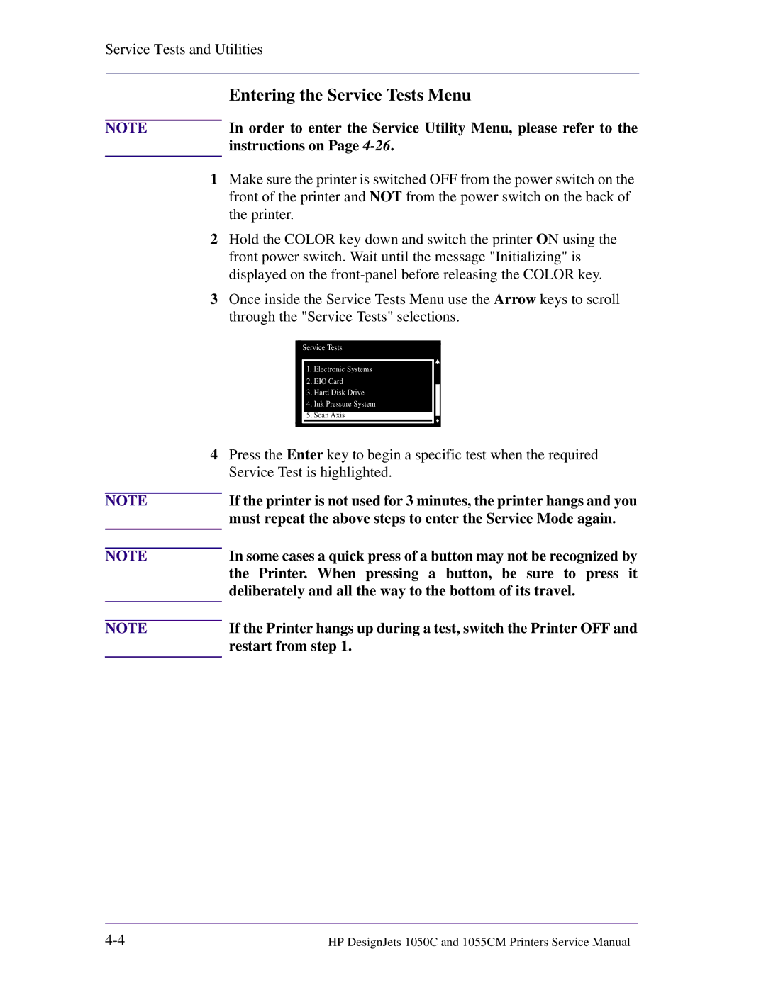 HP 1055CM manual Entering the Service Tests Menu, Order to enter the Service Utility Menu, please refer to, Instructions on 