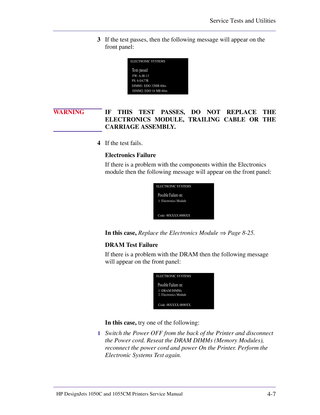 HP 1055CM manual Electronics Failure, Dram Test Failure 