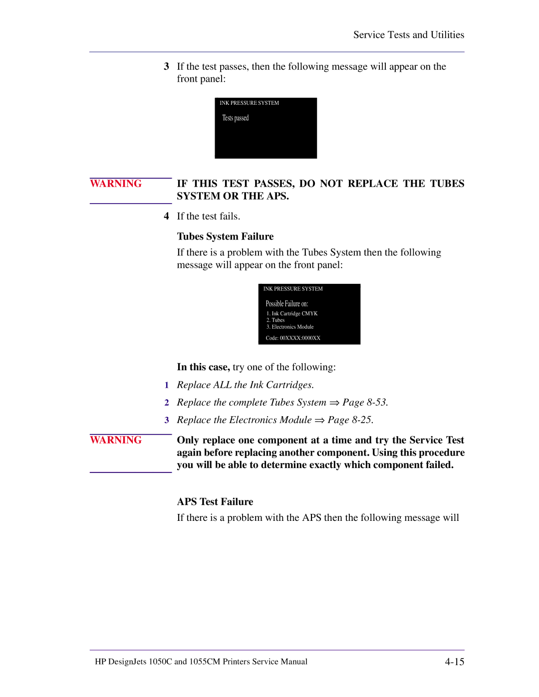 HP 1055CM manual Tubes System Failure, APS Test Failure 