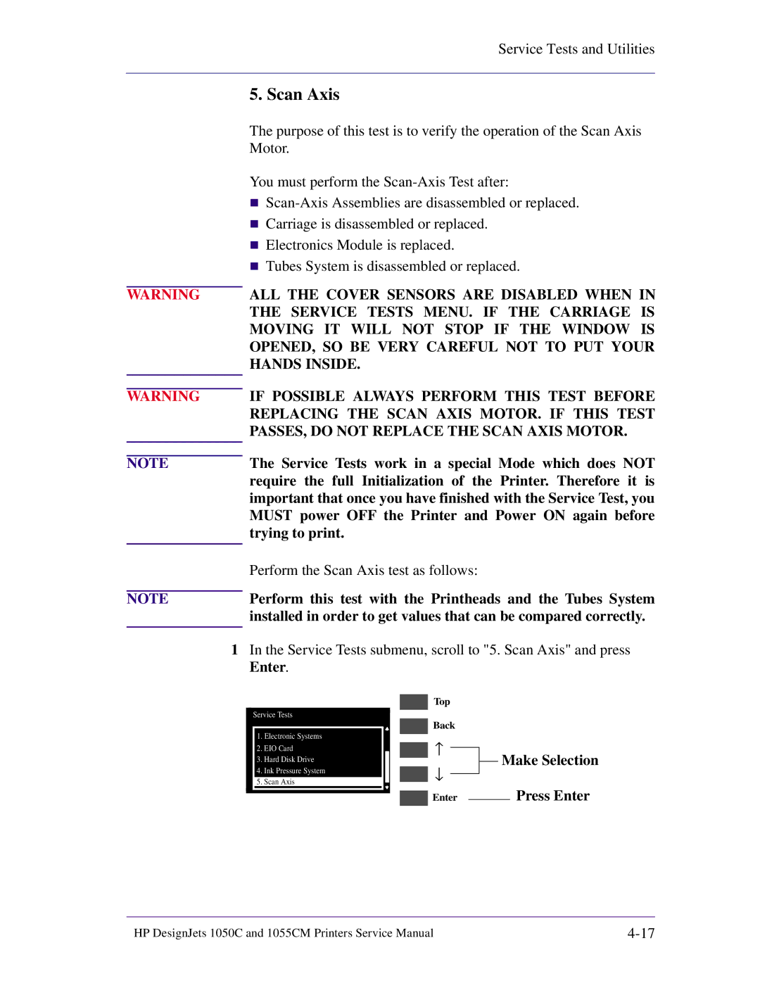 HP 1055CM manual Scan Axis, Perform this test with the Printheads and the Tubes System 