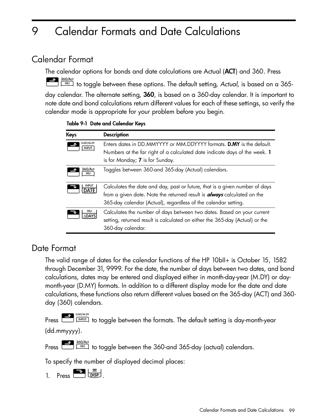 HP 10bII+ Financial manual Calendar Formats and Date Calculations, Date Format 