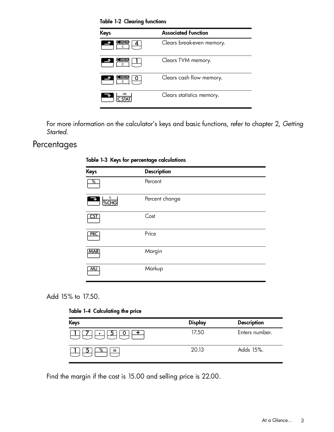 HP 10bII+ Financial manual Jj7V1, JV§4, Percentages, Add 15% to, Find the margin if the cost is 15.00 and selling price is 