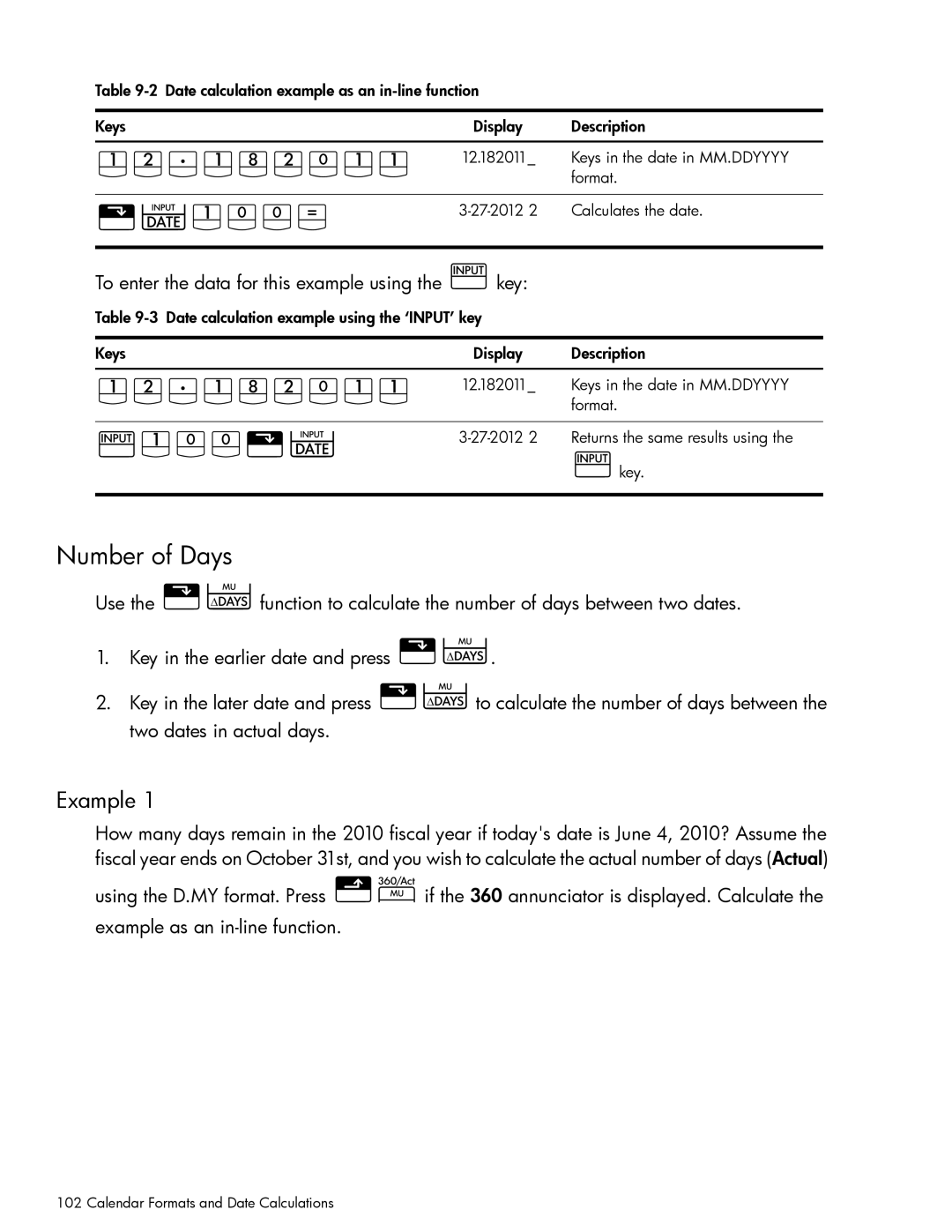 HP 10bII+ Financial manual JG7JgGJJ, ÇJ4, Æj\Ç, Number of Days, To enter the data for this example using the Ækey 