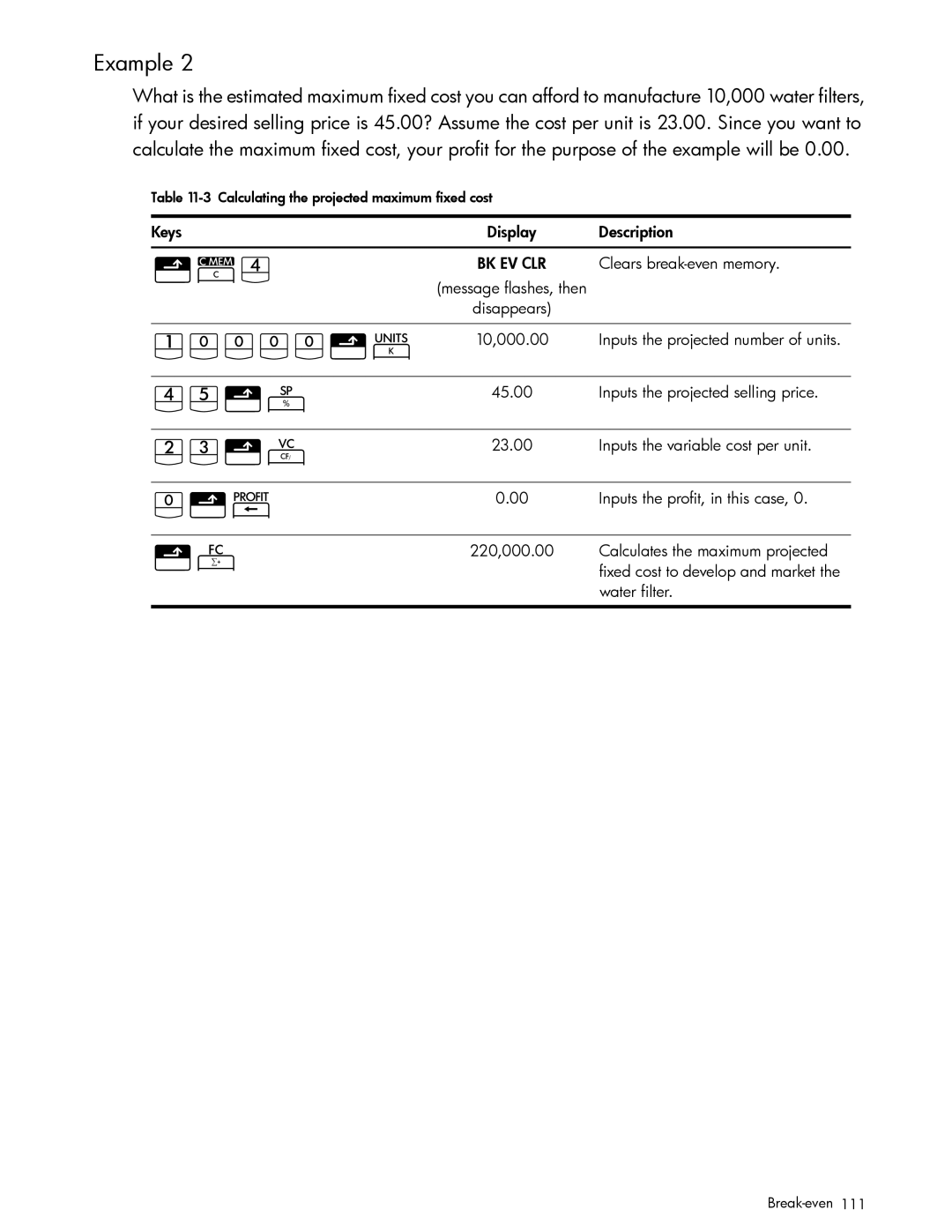 HP 10bII+ Financial manual Calculating the projected maximum fixed cost 