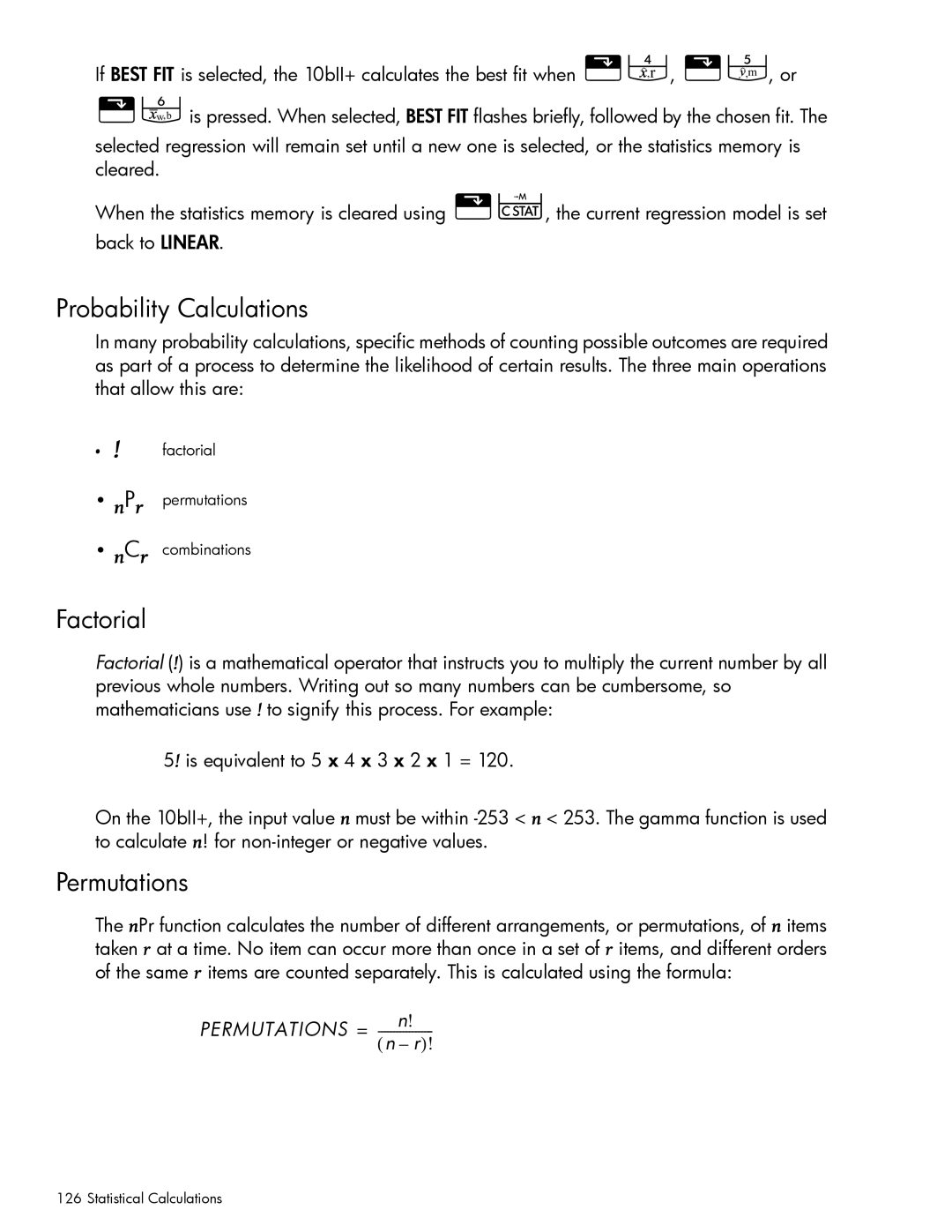 HP 10bII+ Financial manual Probability Calculations, Factorial, Permutations 