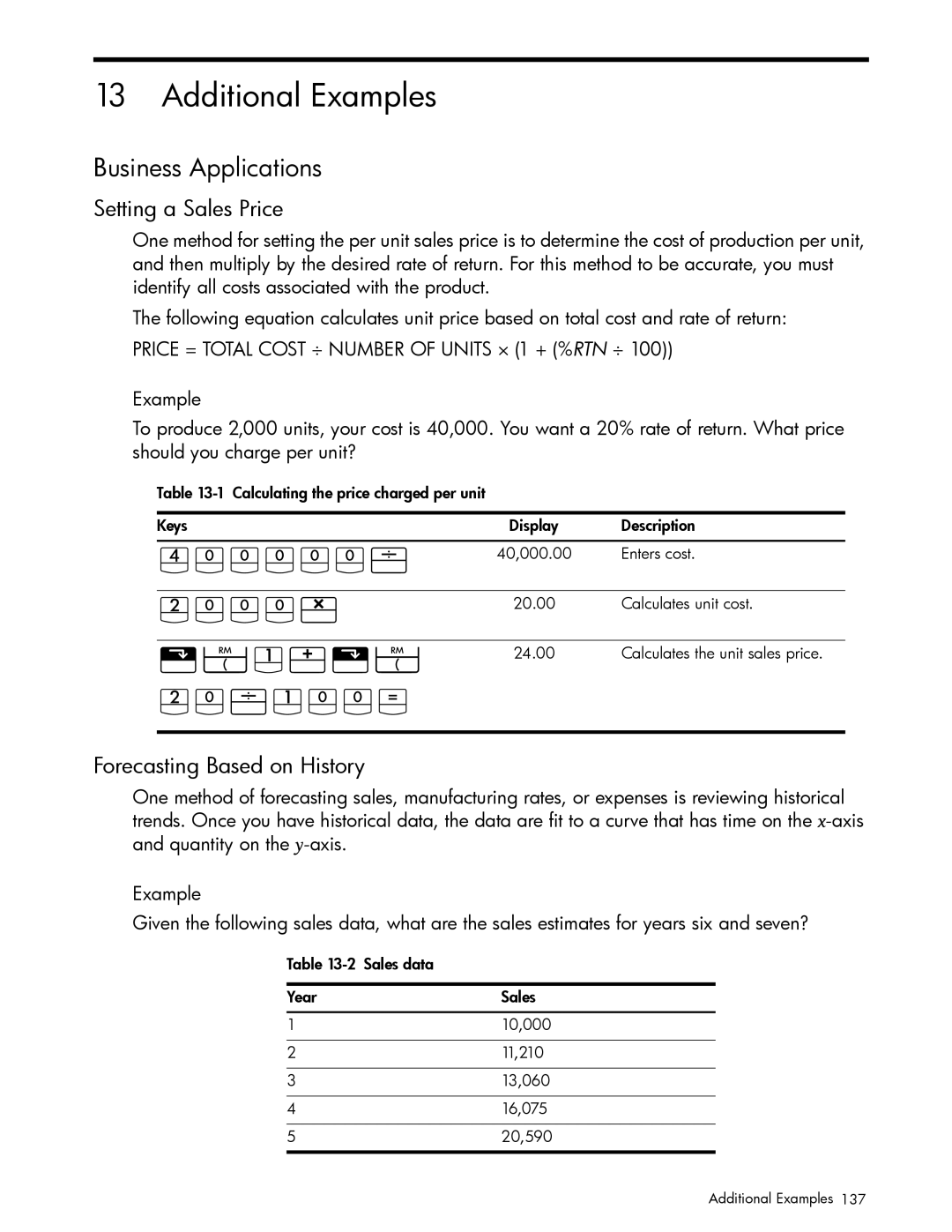 HP 10bII+ Financial manual qJ1\q GaJ4, Additional Examples, Business Applications, Setting a Sales Price 