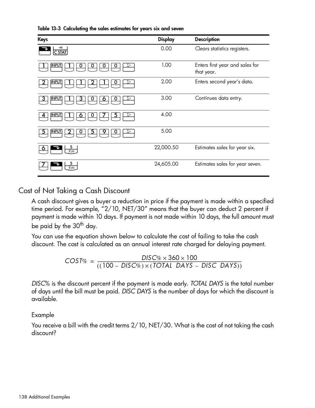 HP 10bII+ Financial manual Jæj¡, Gæjjgj¡, Dæjds¡, YÆJSjV¡ VÆGVd¡, Cost of Not Taking a Cash Discount 