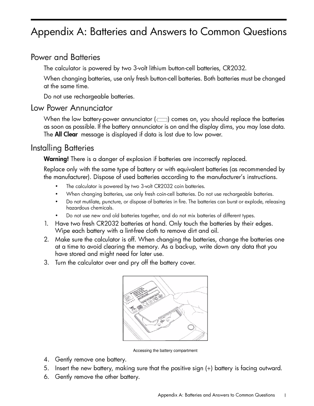 HP 10bII+ Financial manual Appendix a Batteries and Answers to Common Questions, Power and Batteries, Low Power Annunciator 