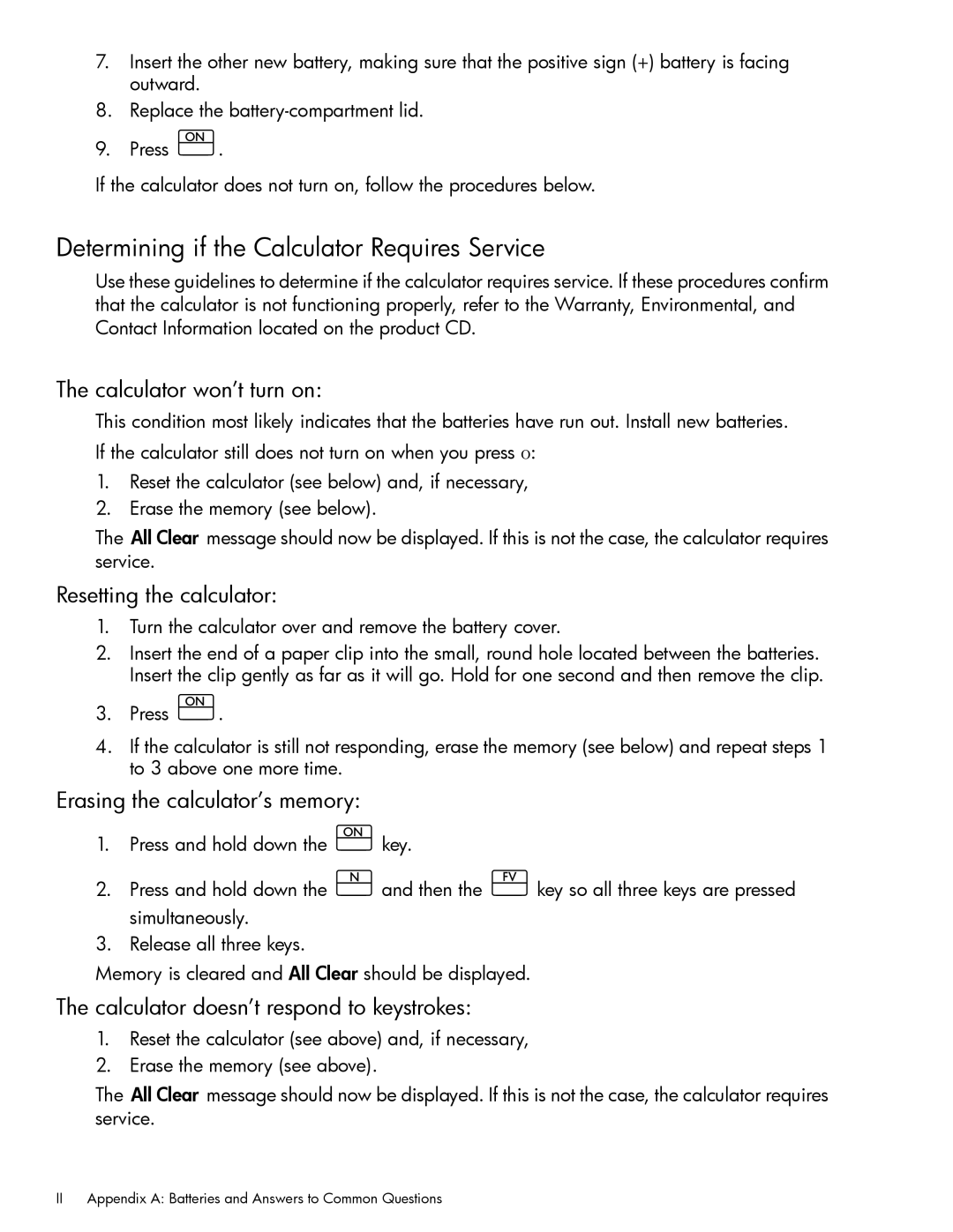 HP 10bII+ Financial Determining if the Calculator Requires Service, Calculator won’t turn on, Resetting the calculator 