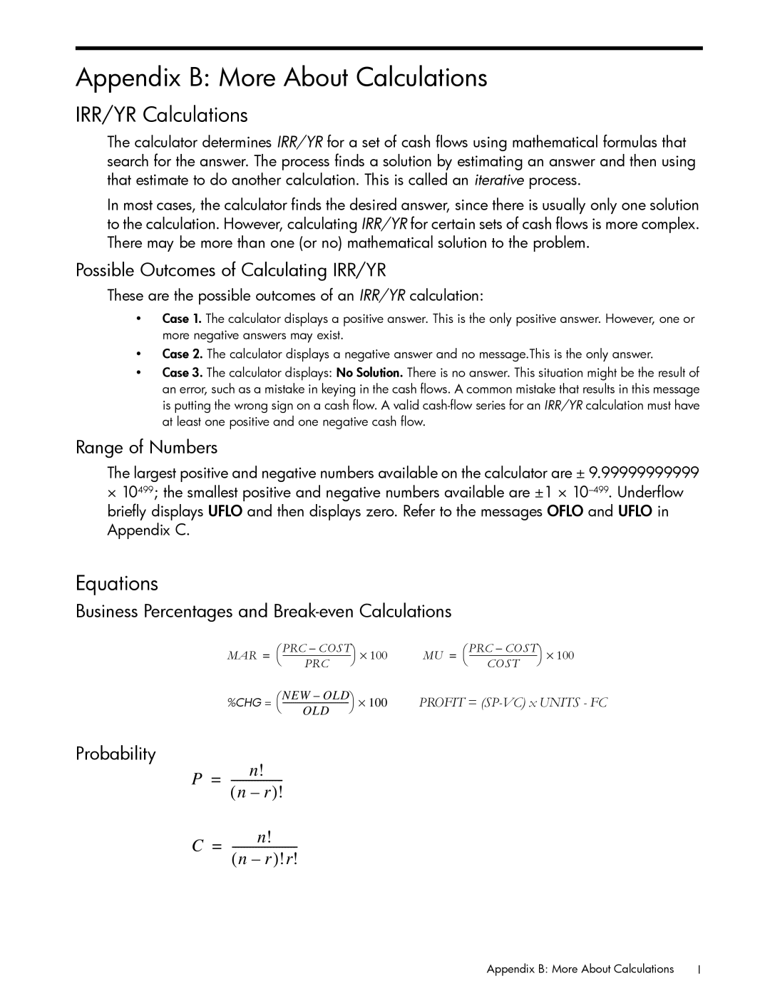 HP 10bII+ Financial manual Appendix B More About Calculations, IRR/YR Calculations, Equations 