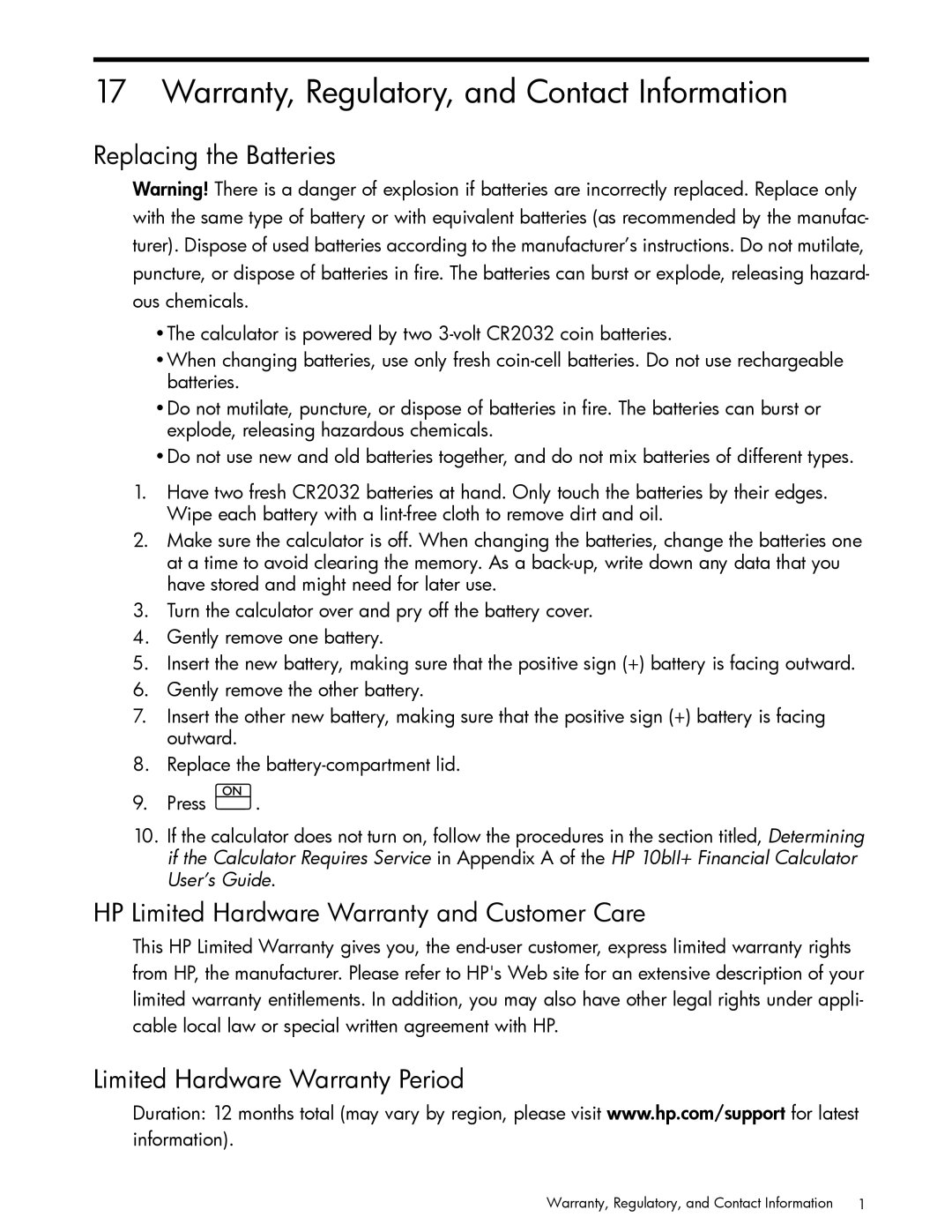 HP 10bII+ Financial manual Warranty, Regulatory, and Contact Information, Replacing the Batteries 