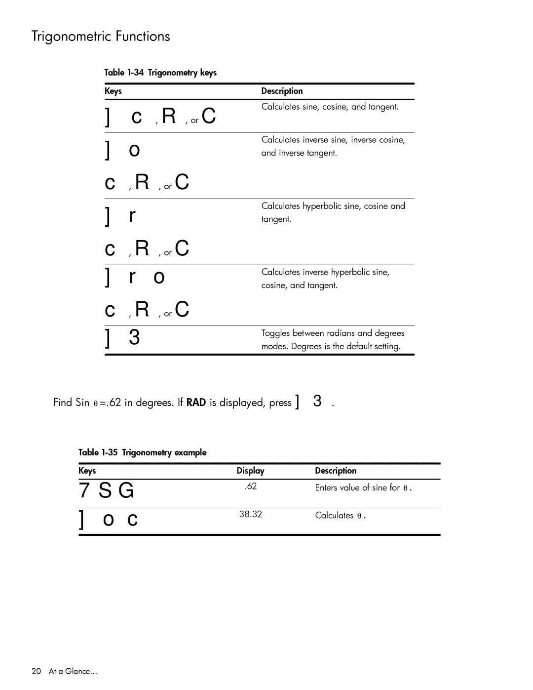 HP 10bII+ Financial manual 7SG, Trigonometric Functions, Find Sin θ =.62 in degrees. If RAD is displayed, press 