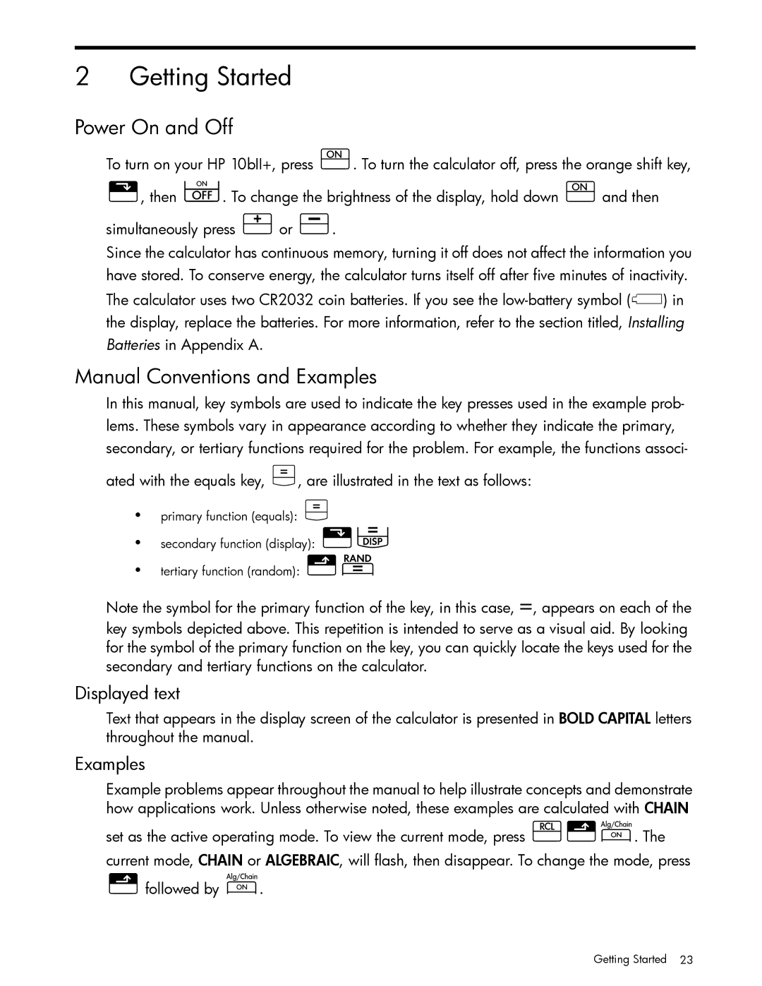 HP 10bII+ Financial manual Getting Started, Power On and Off, Manual Conventions and Examples, Displayed text 