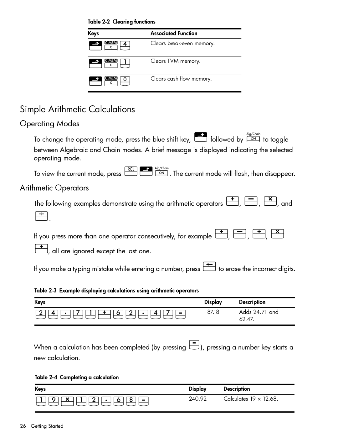 HP 10bII+ Financial manual GY7jJ1SG7Yj4, JdPJG7Sg4, Simple Arithmetic Calculations, Operating Modes, Arithmetic Operators 