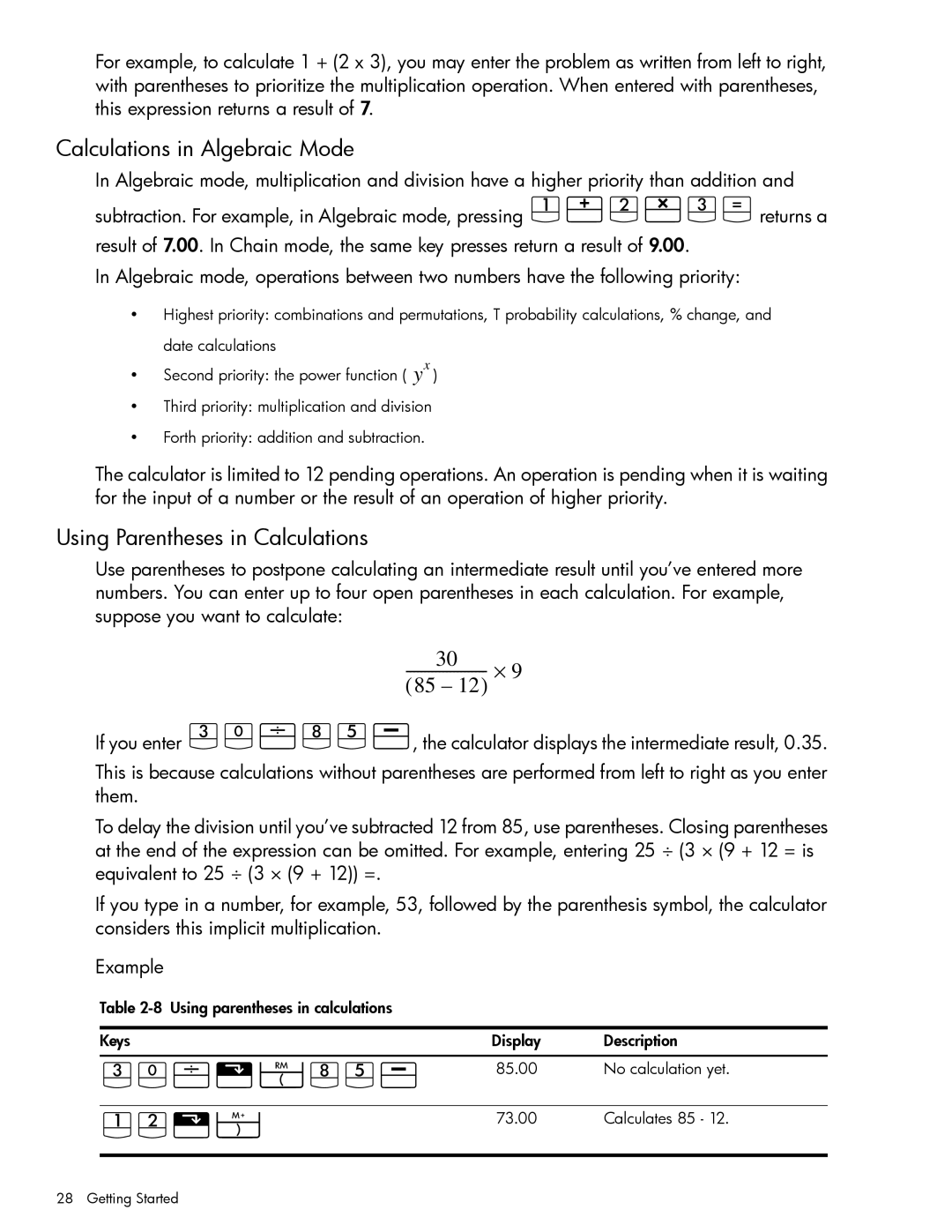 HP 10bII+ Financial manual Da\qgVA, JG\n, Calculations in Algebraic Mode, Using Parentheses in Calculations 