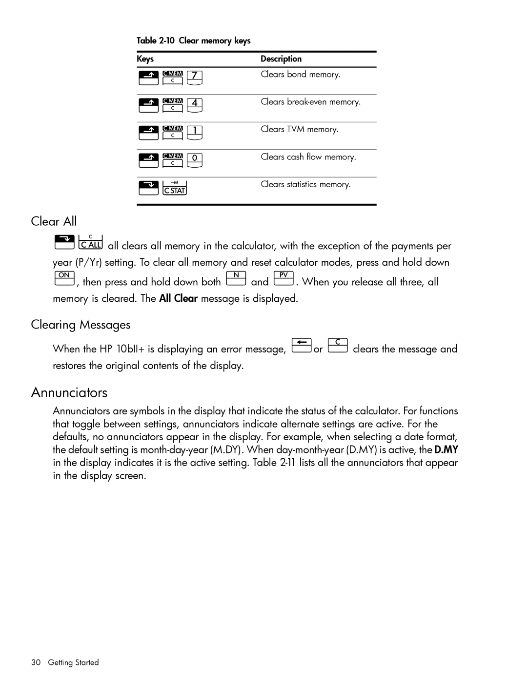 HP 10bII+ Financial manual Annunciators, Clear All, Clearing Messages 