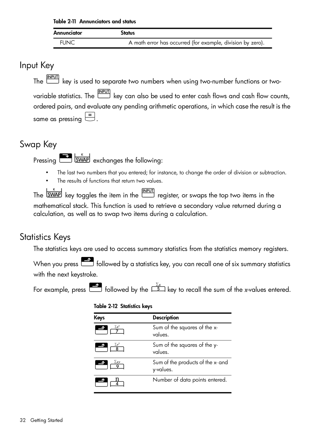 HP 10bII+ Financial manual Input Key, Swap Key, Statistics Keys, Same as pressing, Pressing \«exchanges the following 