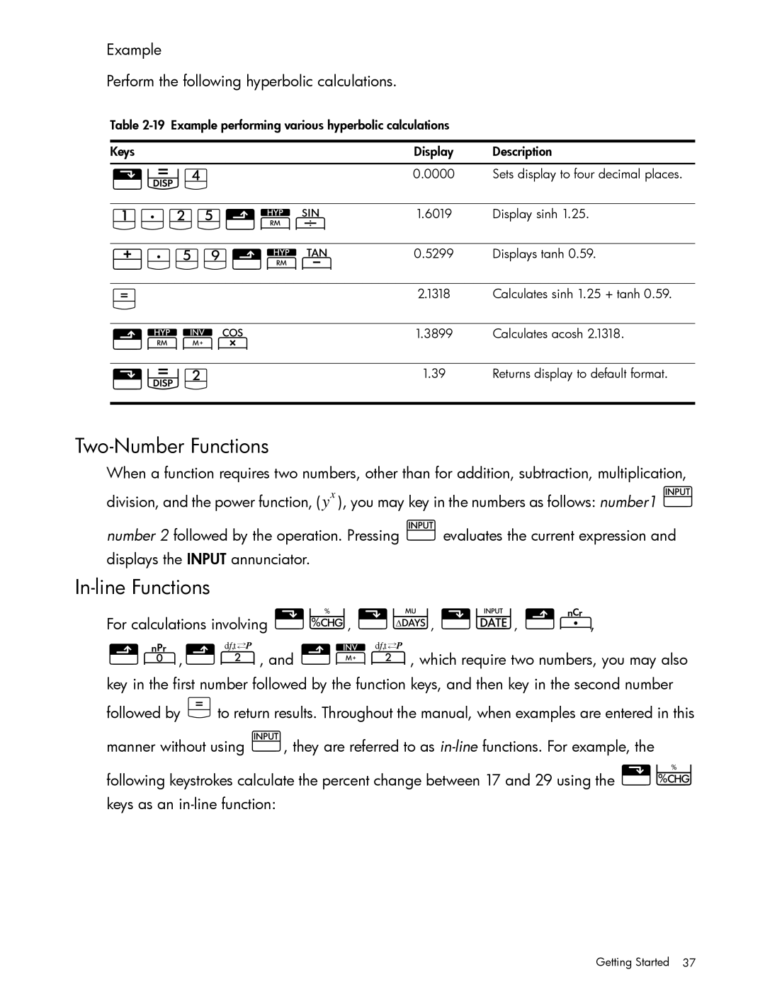 HP 10bII+ Financial manual J7GVrc, 17VdrC, Two-Number Functions, In-line Functions 