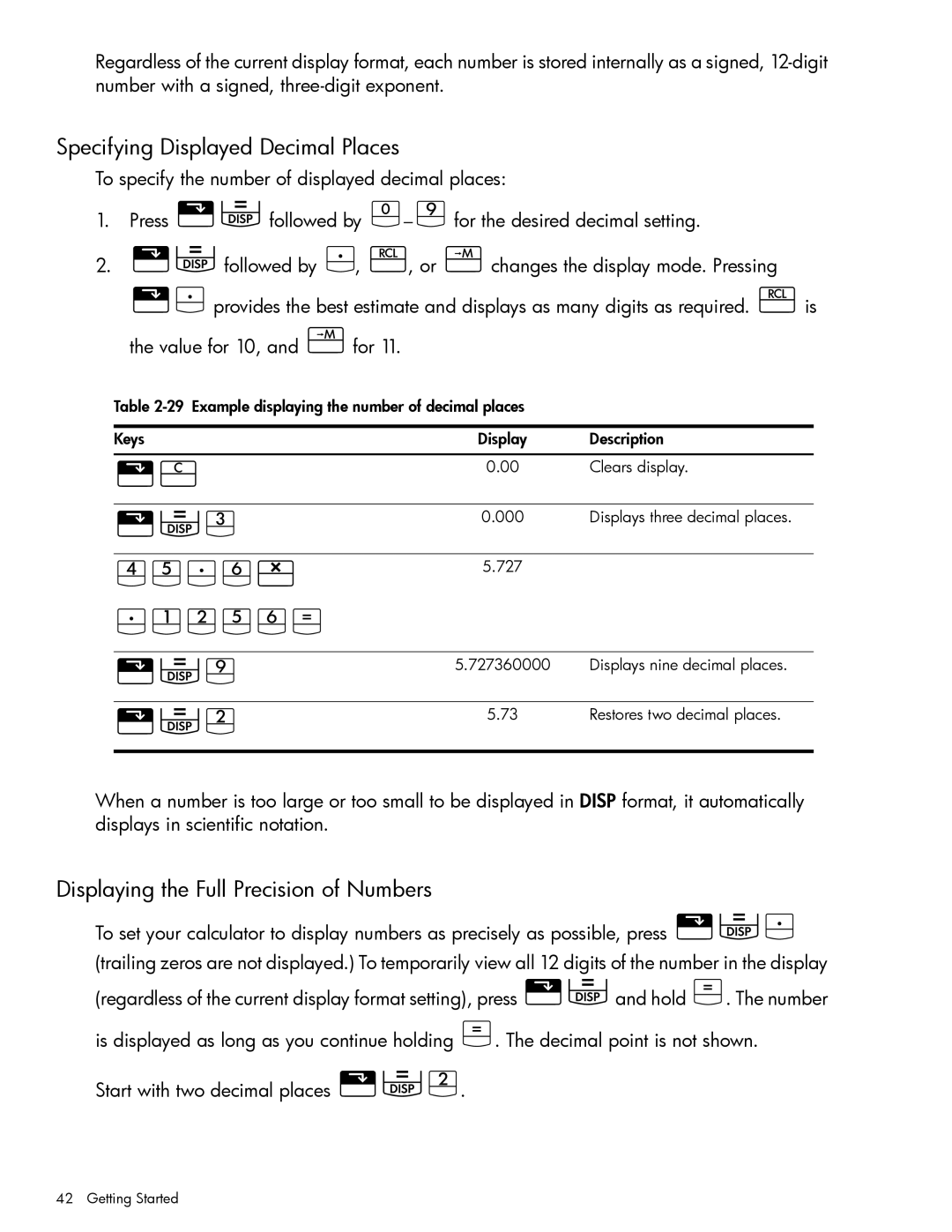 HP 10bII+ Financial manual 5D, YV7SP, 7JGVS4, Specifying Displayed Decimal Places, Displaying the Full Precision of Numbers 