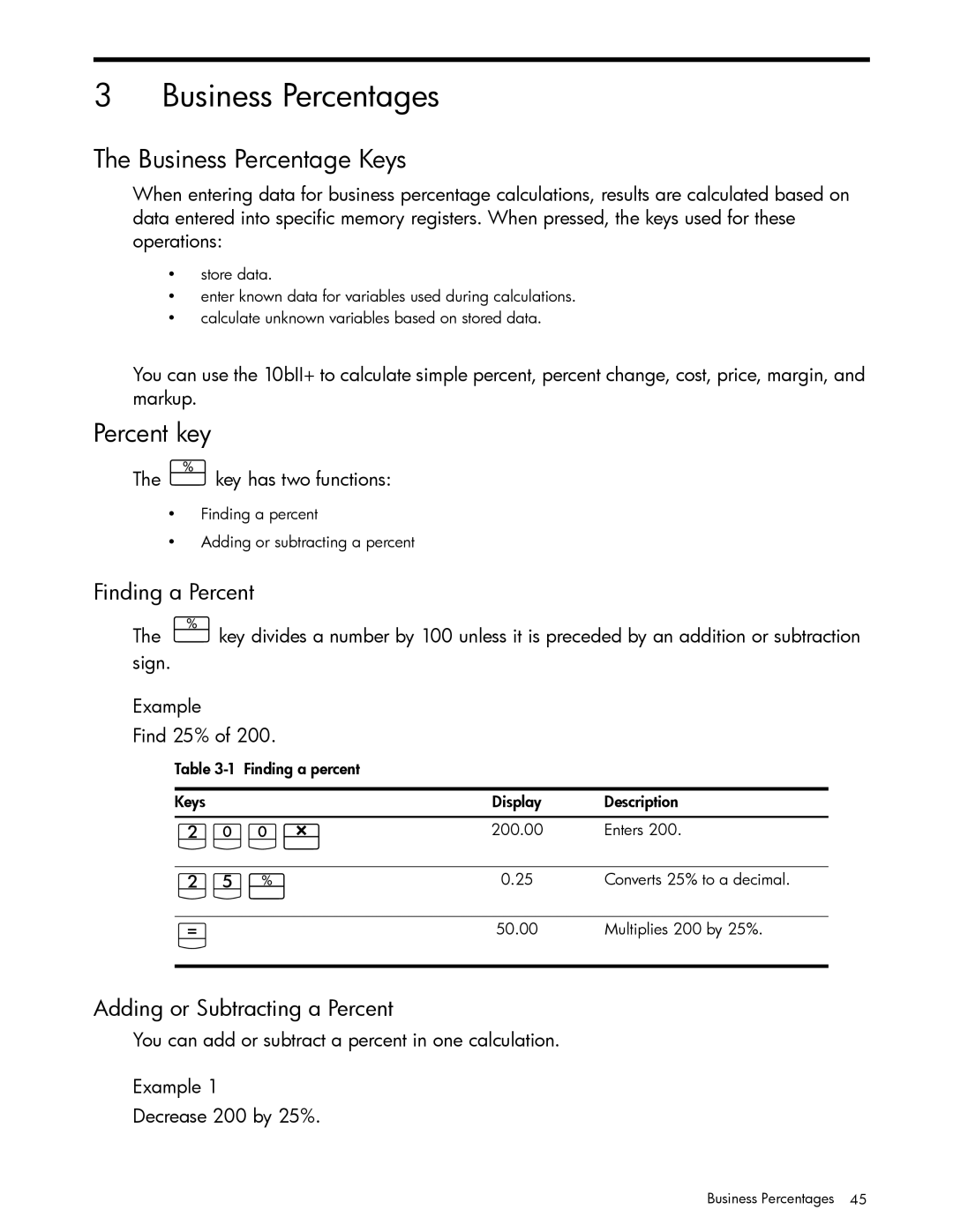 HP 10bII+ Financial manual Gv§, Business Percentages, Business Percentage Keys, Percent key 