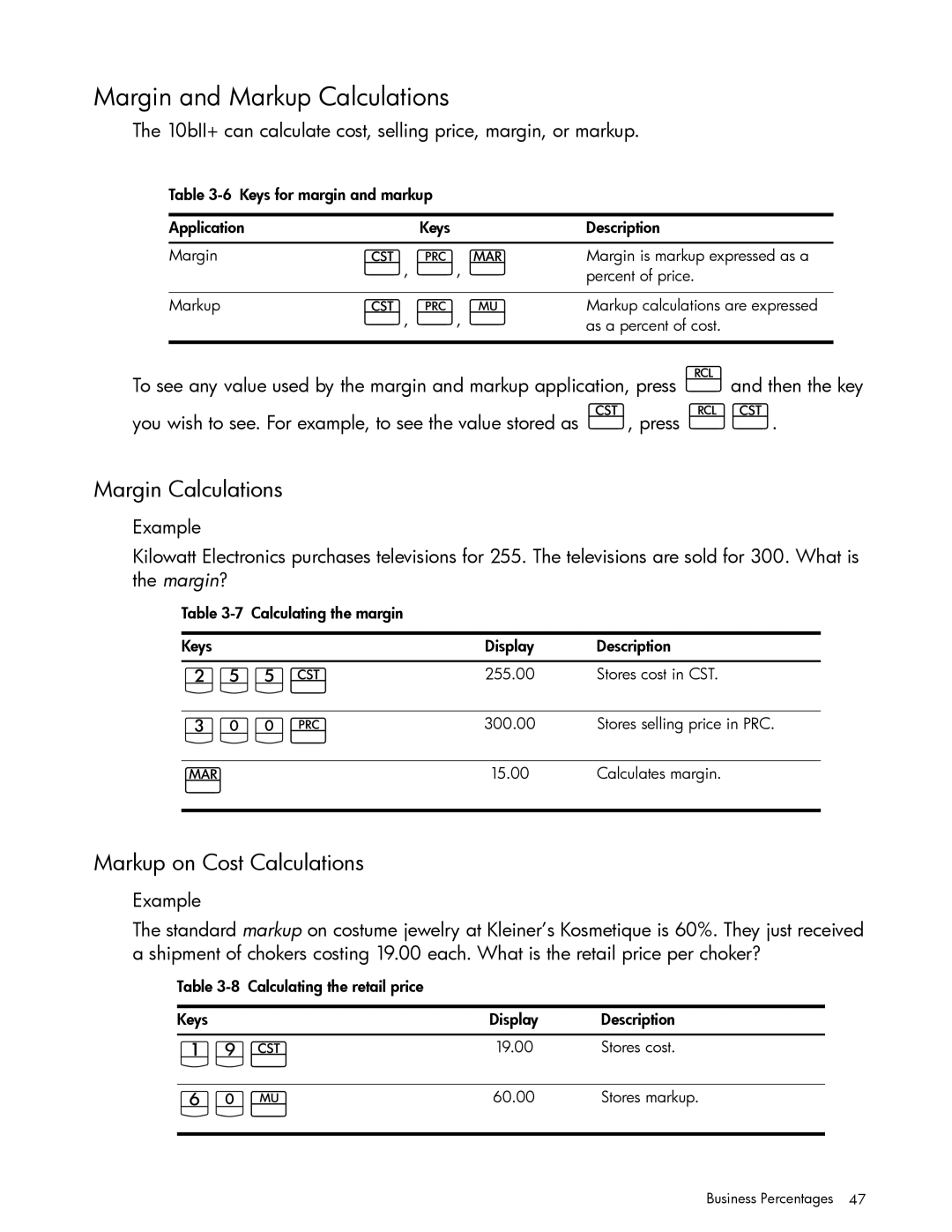 HP 10bII+ Financial manual Gvvà, JdÀ, Margin and Markup Calculations, Margin Calculations, Markup on Cost Calculations 