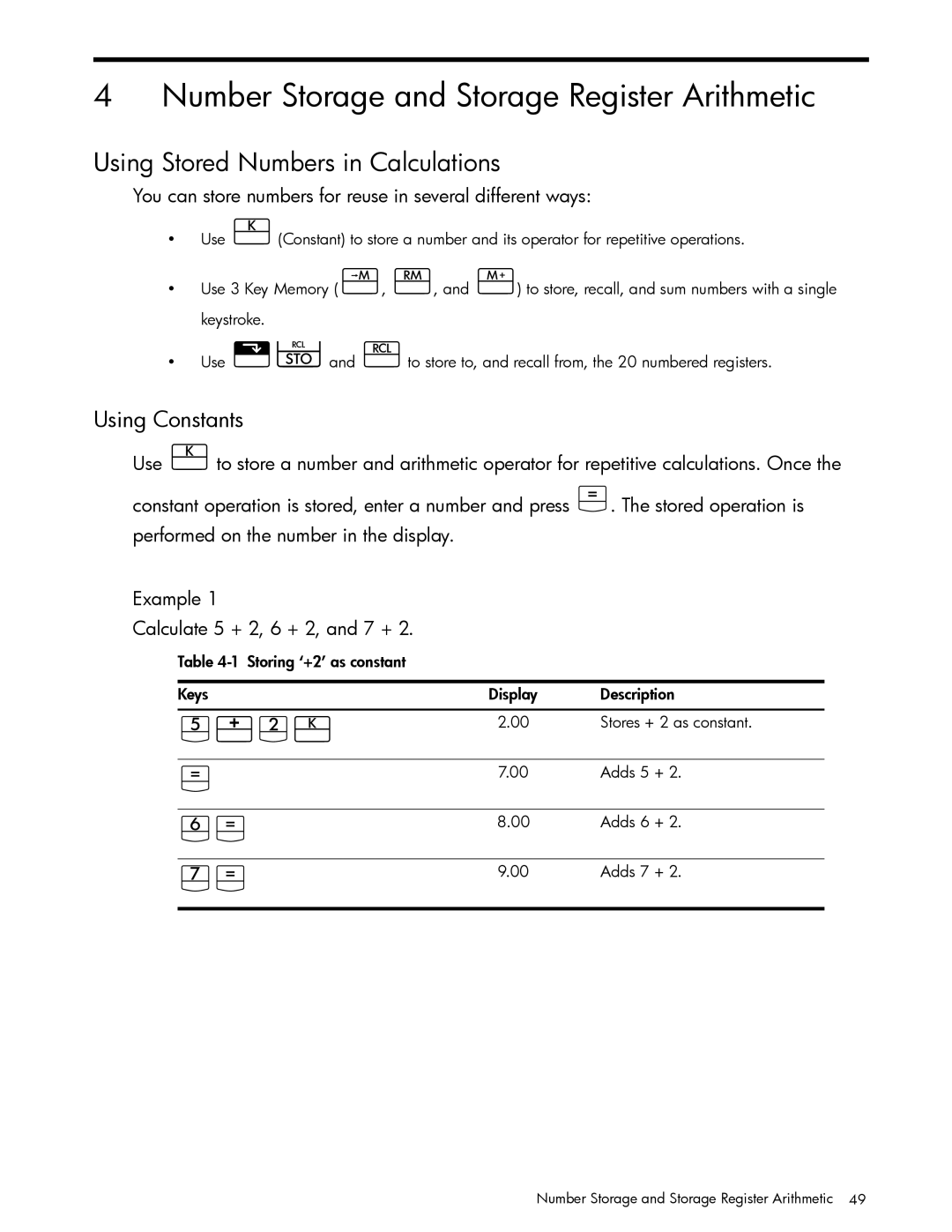 HP 10bII+ Financial manual V1Gª, Number Storage and Storage Register Arithmetic, Using Stored Numbers in Calculations 