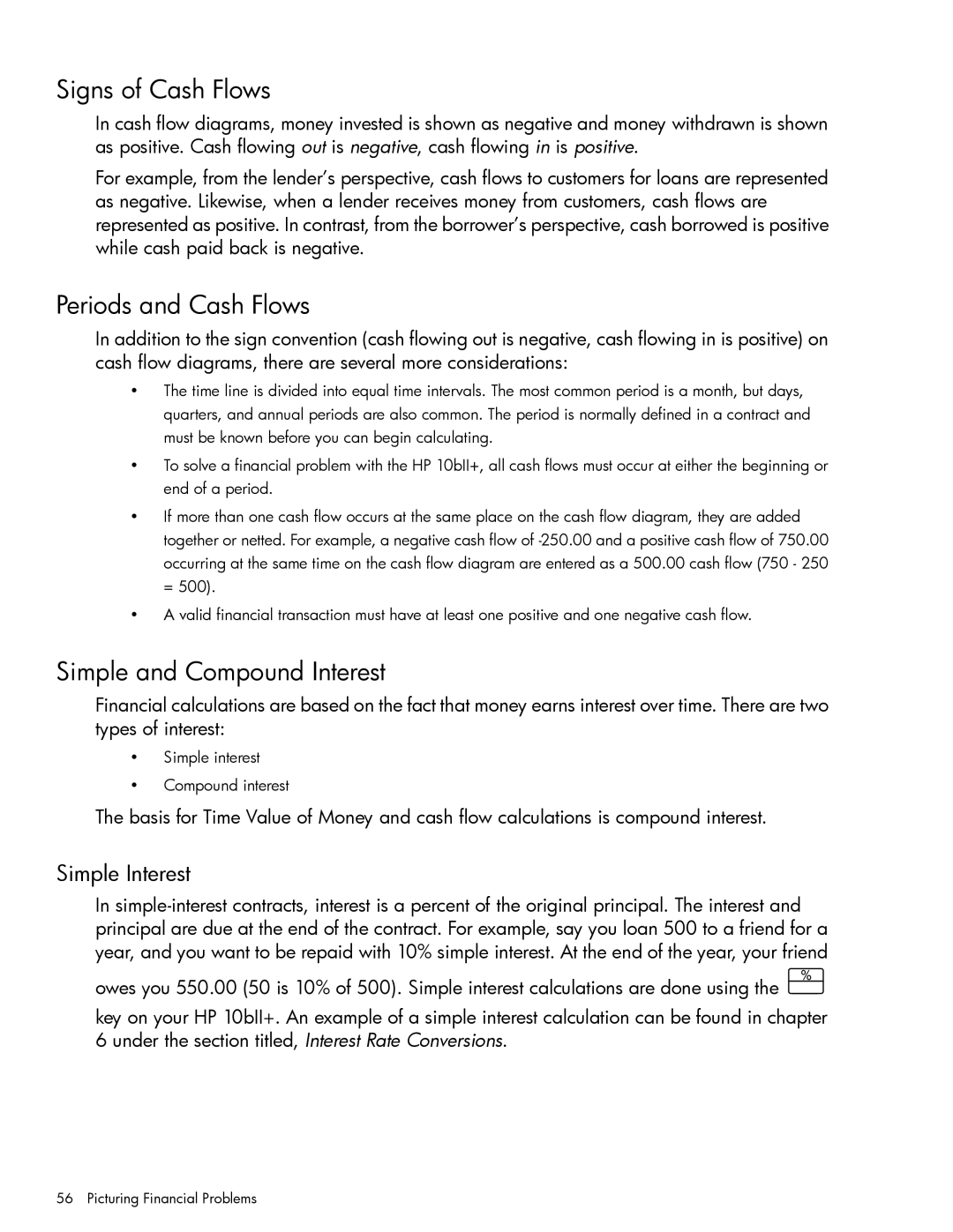 HP 10bII+ Financial manual Signs of Cash Flows, Periods and Cash Flows, Simple and Compound Interest, Simple Interest 