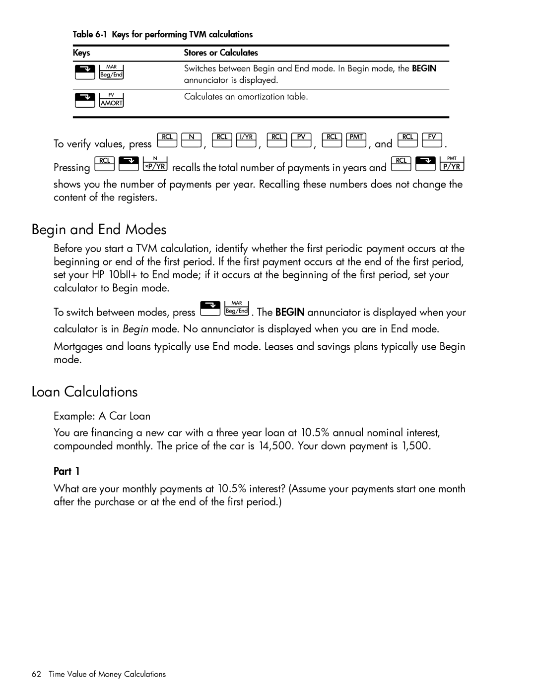 HP 10bII+ Financial manual Begin and End Modes, Loan Calculations 