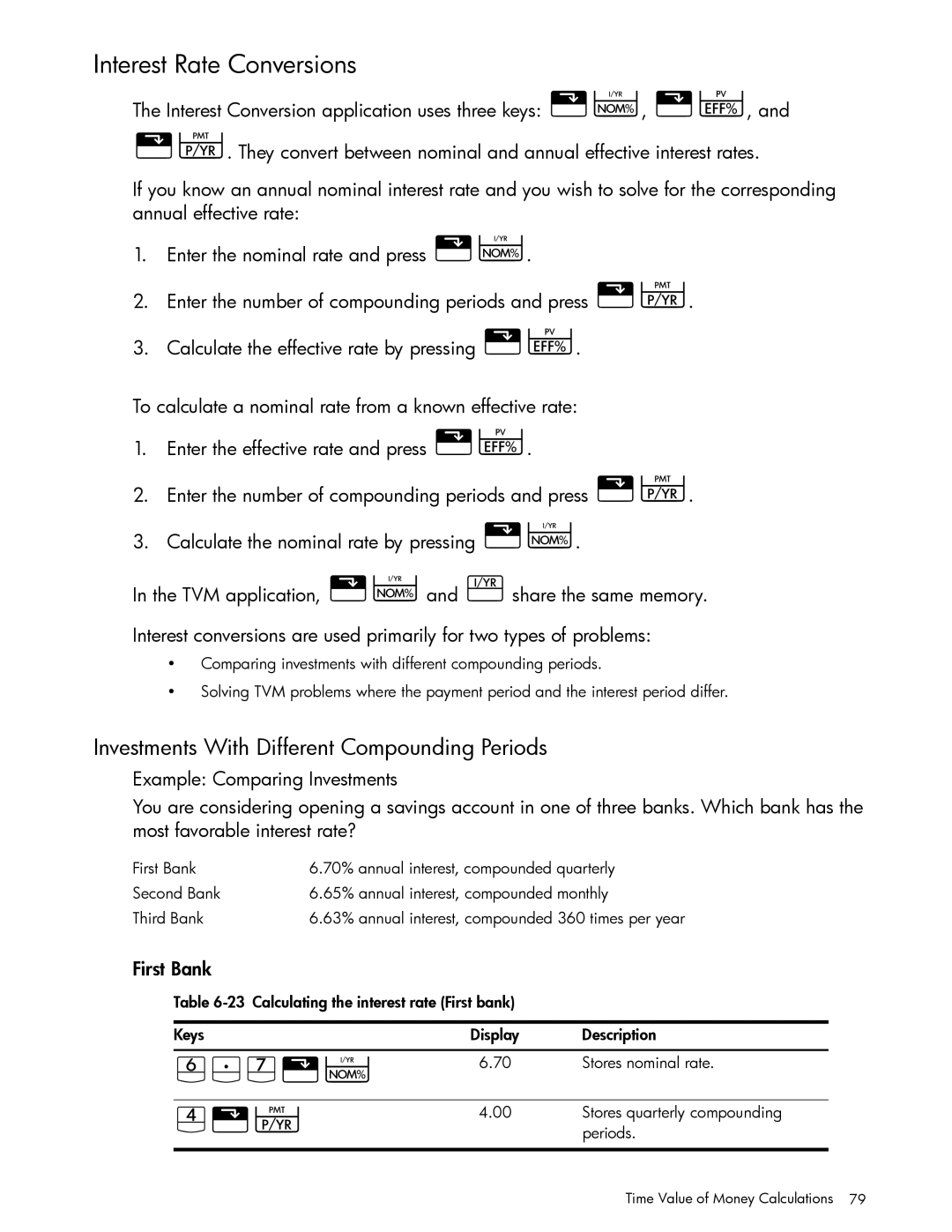 HP 10bII+ Financial manual S7j\Ó, Interest Rate Conversions, Investments With Different Compounding Periods, First Bank 