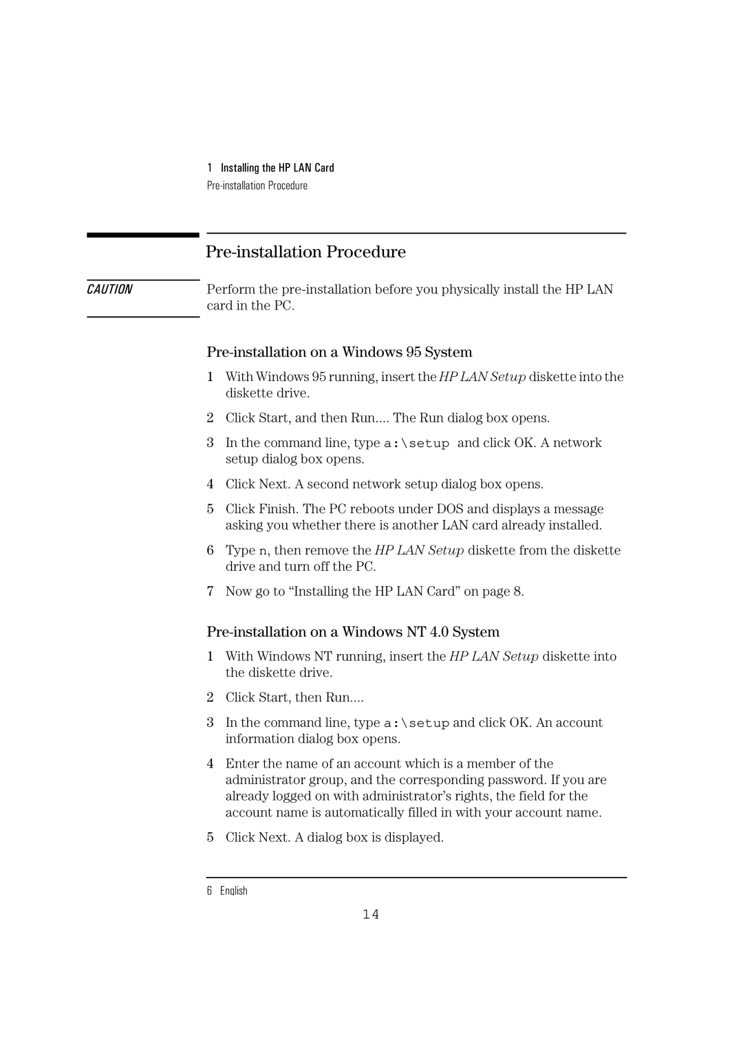 HP 10BT NightDIRER/100 manual Pre-installation Procedure, Pre-installation on a Windows 95 System 