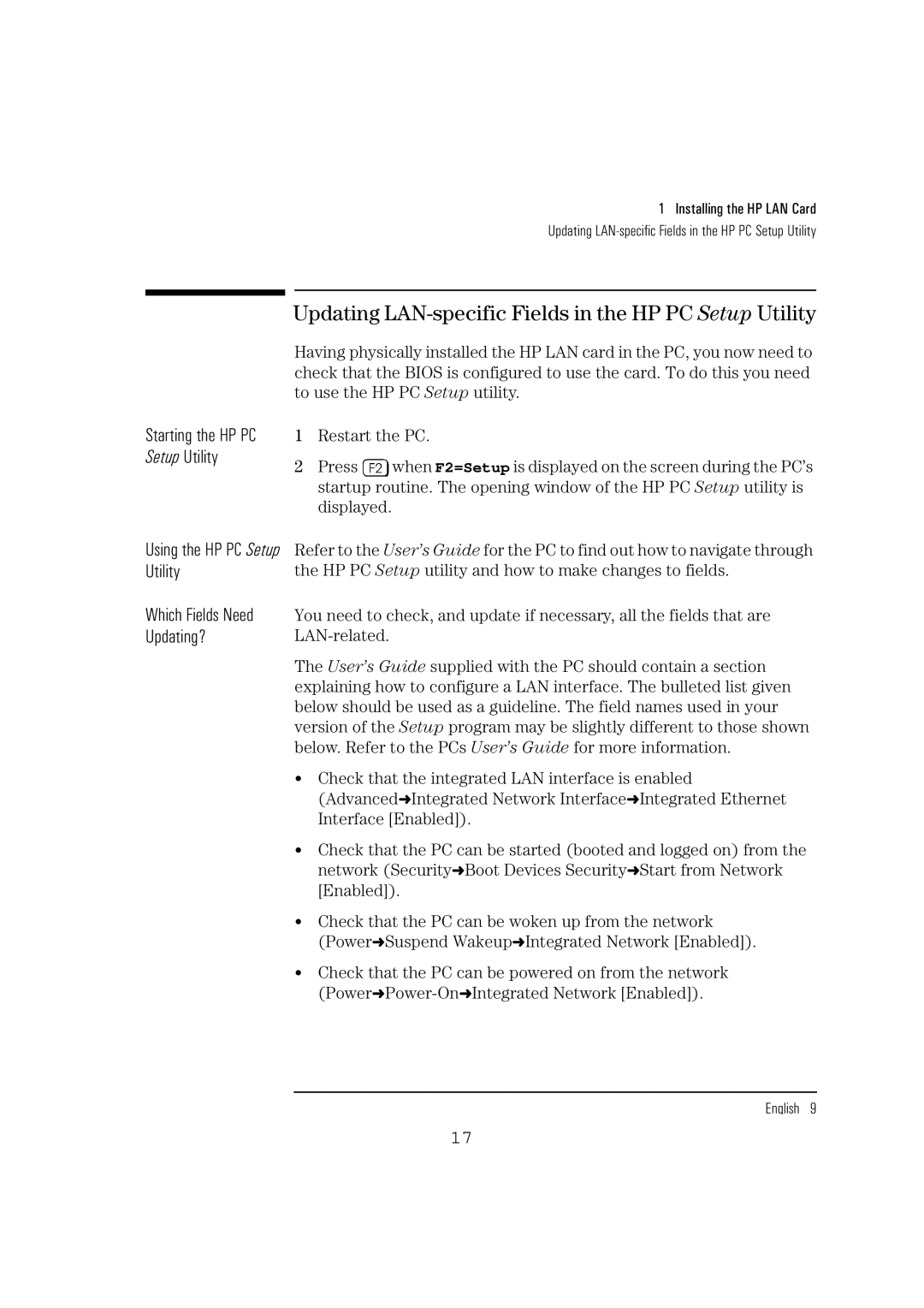 HP 10BT NightDIRER/100 manual Updating LAN-specific Fields in the HP PC Setup Utility, Using the HP PC Setup Utility, Press 