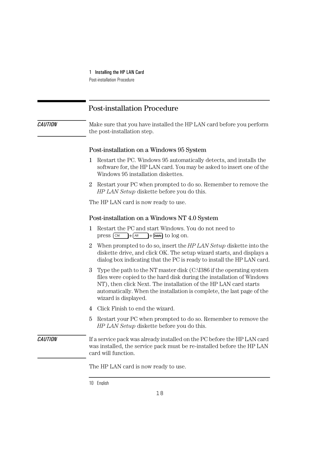 HP 10BT NightDIRER/100 manual Post-installation Procedure, Post-installation on a Windows 95 System 