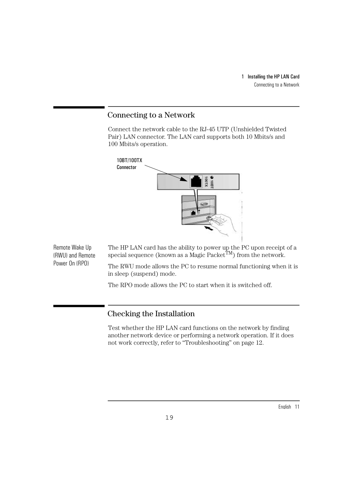 HP 10BT NightDIRER/100 manual Connecting to a Network, Checking the Installation, Remote Wake Up, Power On RPO 