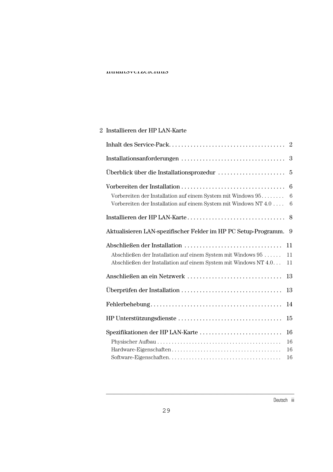 HP 10BT NightDIRER/100 manual Installieren der HP LAN-Karte, Überblick über die Installationsprozedur 