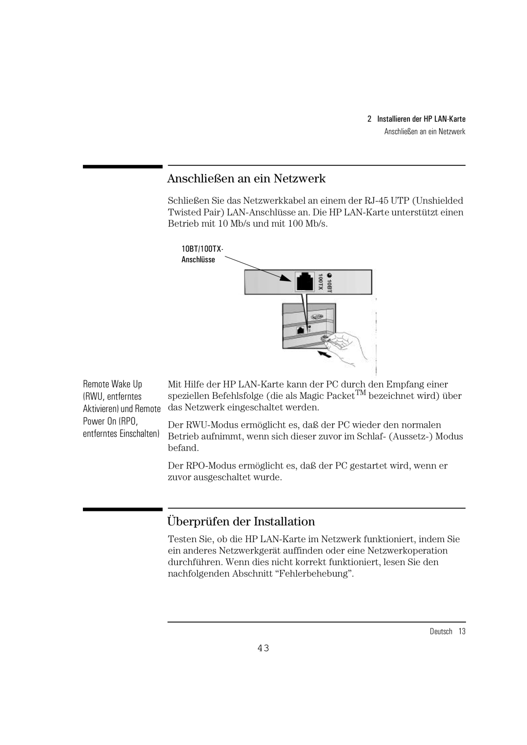 HP 10BT NightDIRER/100 manual Anschließen an ein Netzwerk, Überprüfen der Installation, Remote Wake Up RWU, entferntes 