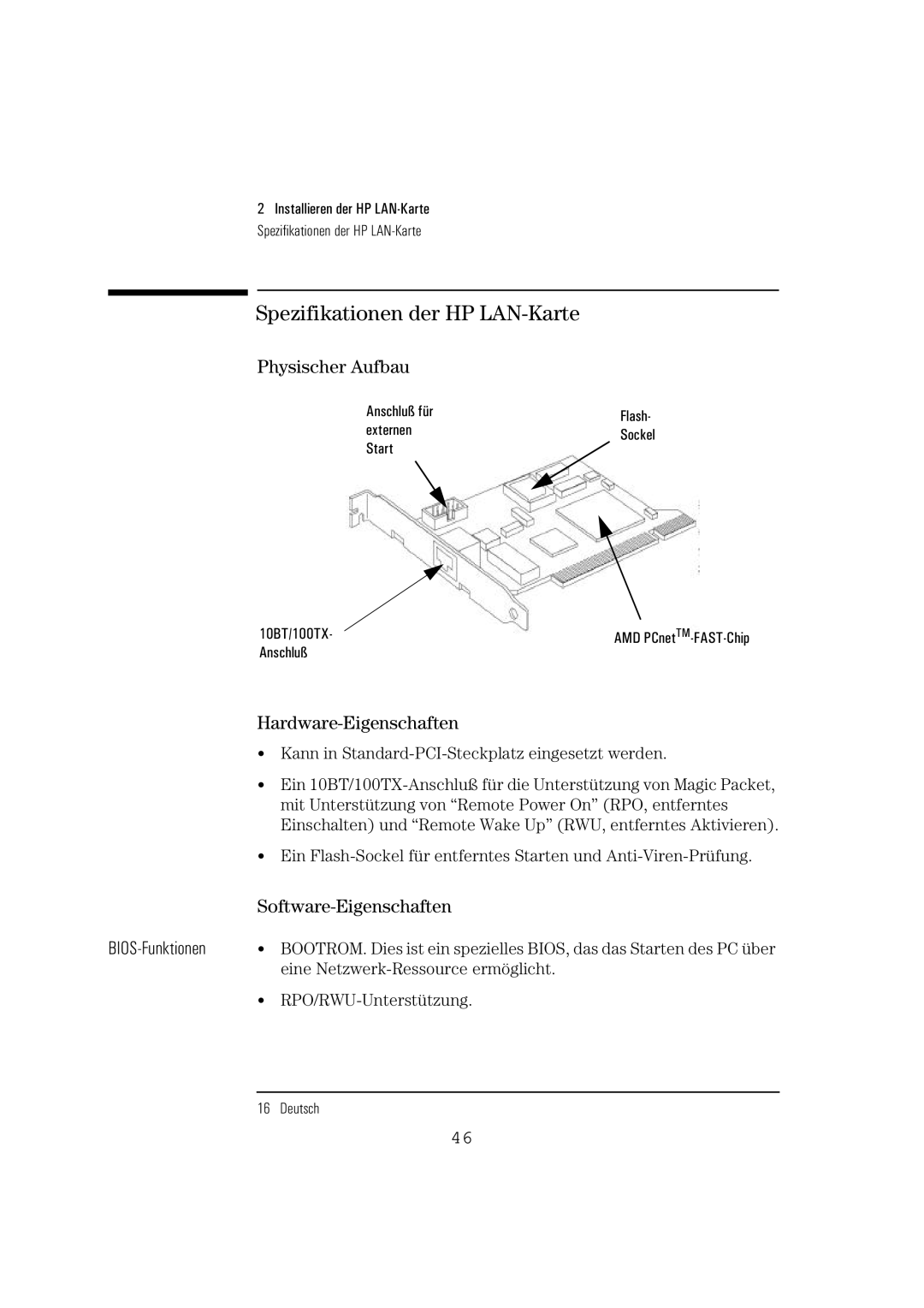 HP 10BT NightDIRER/100 Spezifikationen der HP LAN-Karte, Physischer Aufbau, Hardware-Eigenschaften, Software-Eigenschaften 