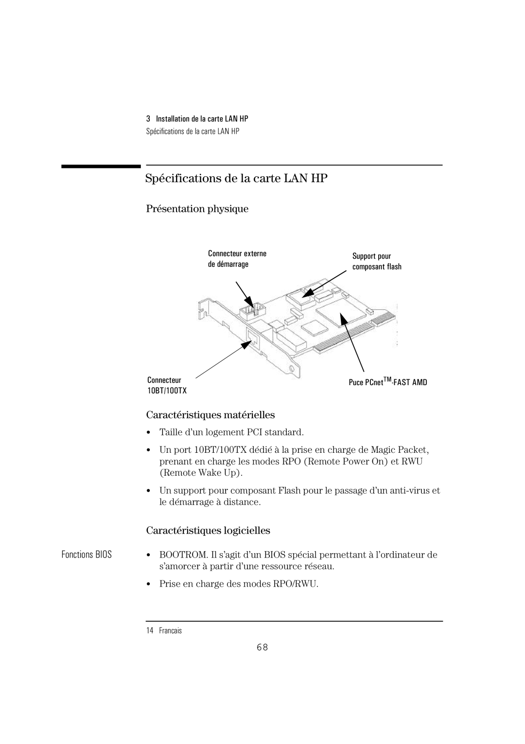 HP 10BT NightDIRER/100 manual Spécifications de la carte LAN HP, Présentation physique, Caractéristiques matérielles 